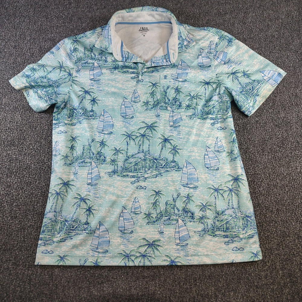 IZOD Polo Shirt Mens M Blue Tropical Palm Print Performance Golf Saltwater Top